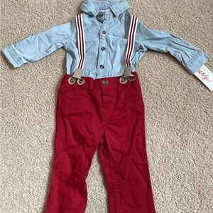 NWT Blue/Red Holiday Chambray Outfit with Suspenders 6-9 month